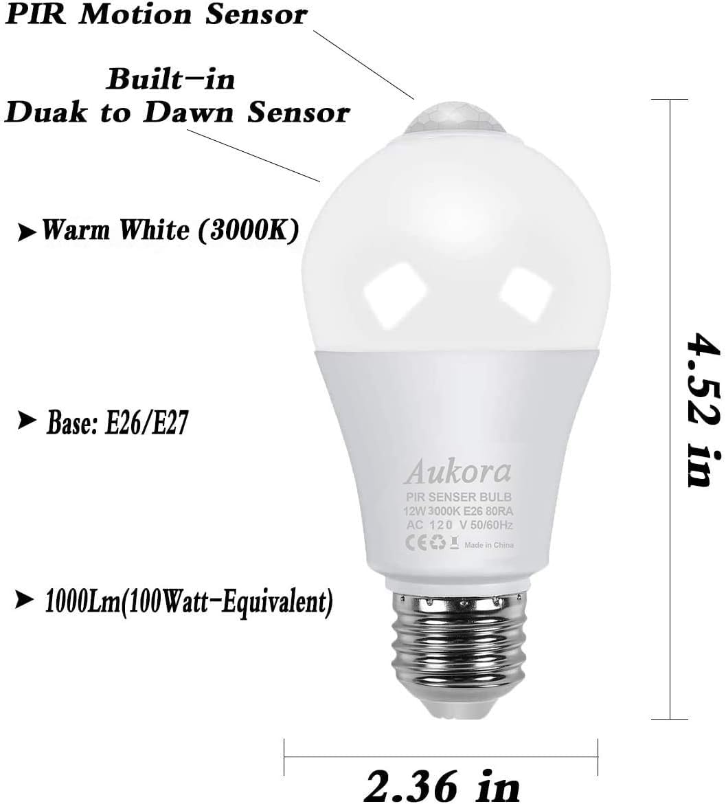 Motion Sensor Light Bulbs, Aukora 12W (100-Watt Equivalent) E26 Motion Activated Dusk to Dawn Security Light Bulb Outdoor/Indoor for Front Door Porch Garage Basement Hallway Closet(Warm White 1 Pack)