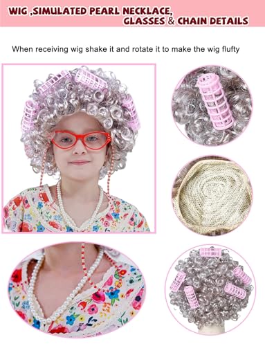 VersaCharm Kids 100 Days of School Costume for Girls, Old Lady Costume wig dress and Granny Grandma Set for Child