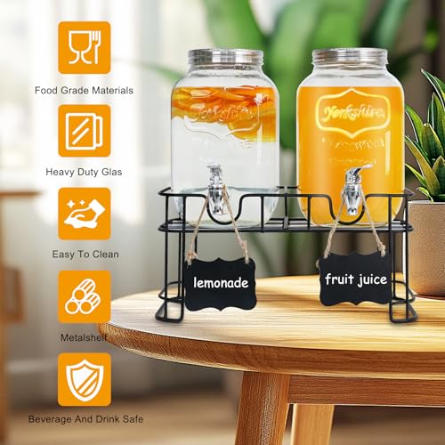 2-Pack 1 Gallon Glass Drink Dispensers for Parties - Leak-Proof Beverage Dispenser with Stand, Spigot, Ice Cylinder & Chal...