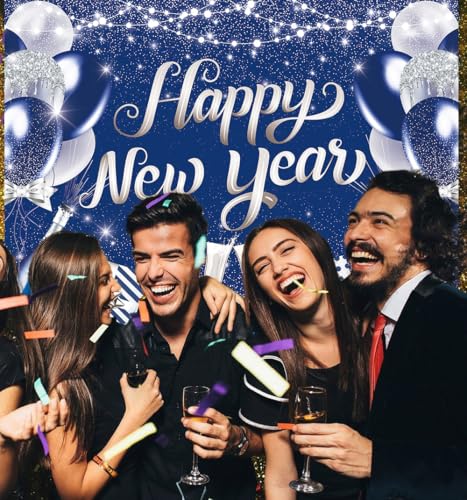 Happy New Year 2026 Backdrop Blue Silver Balloon New Year Photography Background Cheers to 2026 Holiday Party Banner Photo...