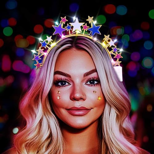 DRESBE Light Up Colorful Star Headband New Year LED Stars Headbands NYE Glow Party Hair Accessories for Women (Gold)