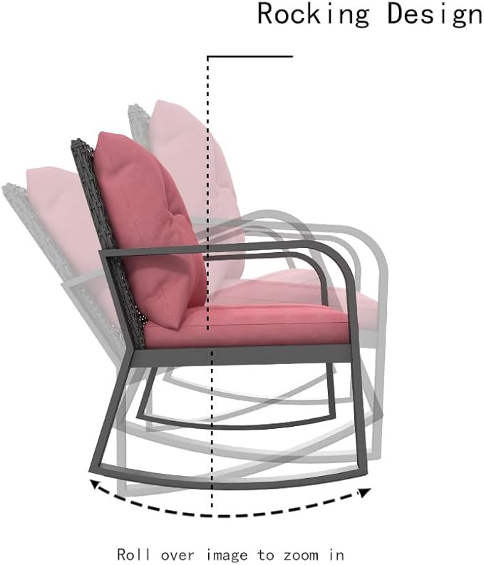 HLNPTN 3 Piece Rocking Bistro Patio Set, Outdoor Rocking Chair, Outdoor Bistro Sets Wicker Patio Furniture Rocking Chairs Sectional Couch with Tempered Glass Top Coffee Table & Cushions, Red