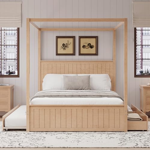 VilroCaz Modern Queen Size Canopy Platform Bed with Trundle and 3 Storage Drawers, 4-Poster Solid Wood Bed Frame with Chan...