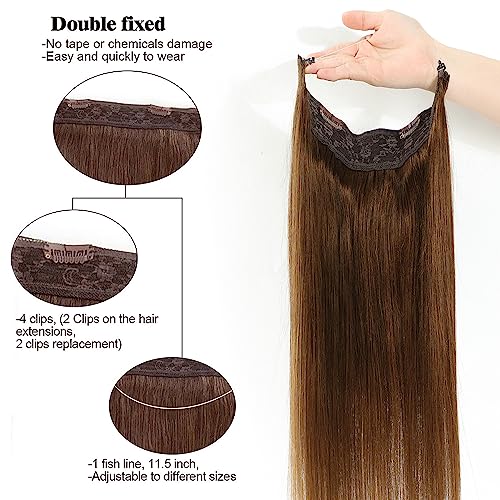 Star Show Hair Extensions Real Human Hair Chocolate Brown Hair Extensions Straight Human Hair Extensions with Transparent Wire Adjustable Size Line Hairpiece (18inch, Chocolate Brown #4)