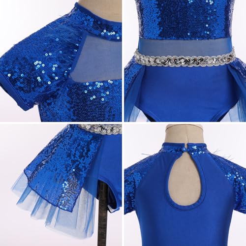 ODASDO Girls Shiny Sequins Ballet Dance Leotard Short Sleeve Feather Tutu Dress Hip Hop Latin Jazz Stage Performance Outfit