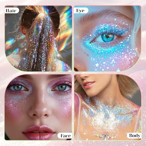DAGEDA Roll-on Body Glitter,Holographic Face Hair Glitter Gel for Festival Outfit Mermaid Accessories,Chameleon Color Body...