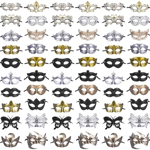 Chivao 60 Pcs Masquerade Masks for Women Men Couple Bulk Venetian Mask Vintage Antique Adult Face Halloween Costumes Party