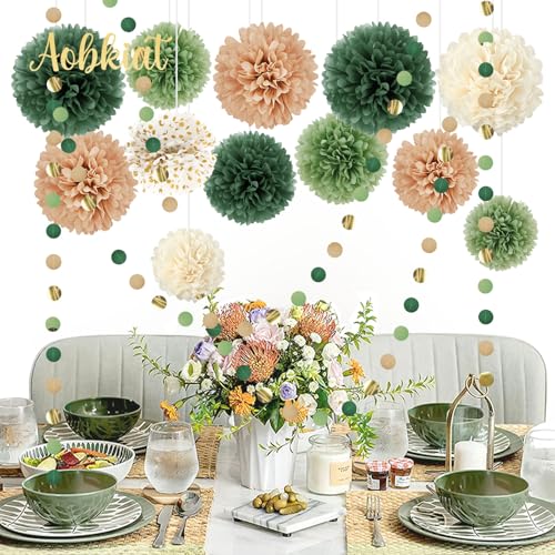 AOBKIAT Wedding Party Decorations Set,15PCS Green Tissue Paper Pom Poms,Dots Paper Garland String Hanging Backdrop for Eng...