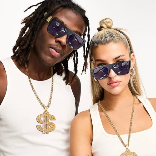 GIFIKOI 80s 90s Hip Hop Costumes Outfit Kit Fake Gold Chain Necklace Dollar Sign Cap Jewelry Set Rapper Accessories
