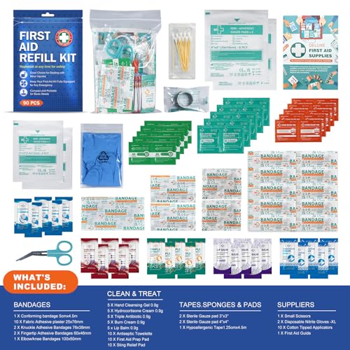 SuccorWare 90 Pieces First Aid Refill Kit - Wound Care Kit Includes Bandages for Home, Travel, Hiking - Portable Replaceme...