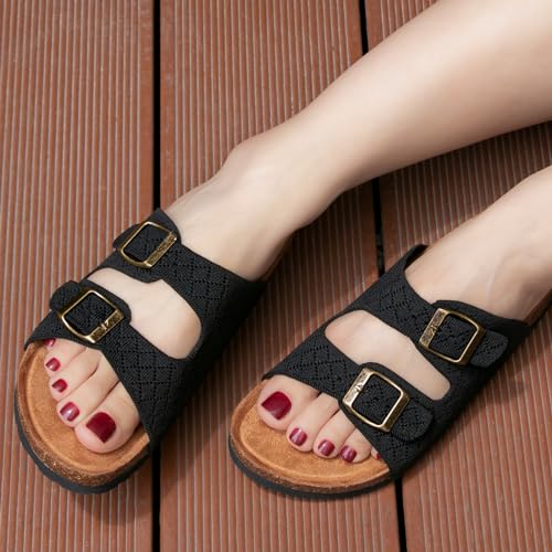 PRIMNICE Women's Comfy Arch Support Cork Footbed Adjustable Knitting Straps Indoor and Outdoor Slides Sandals