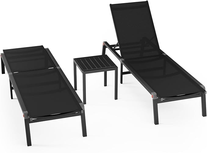 WOAJNQO Aluminum Patio Chaise Lounge Chair Set of 2 with Side Table,5-Position Adjustable Backrest,Foldable Lounge Chair Outdoor,Pool Lounge Chairs for Poolside,Lawn,Deck,Beach (Black, 2 Pack+Table)