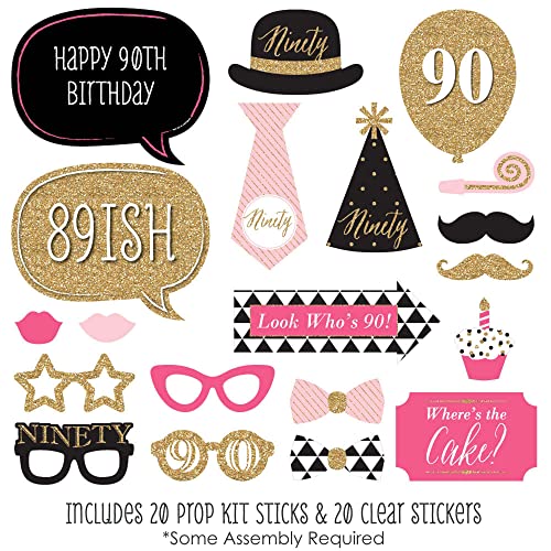 Big Dot of Happiness Chic 90th Birthday - Pink, Black and Gold Party Photo Booth Props Kit 20 Count