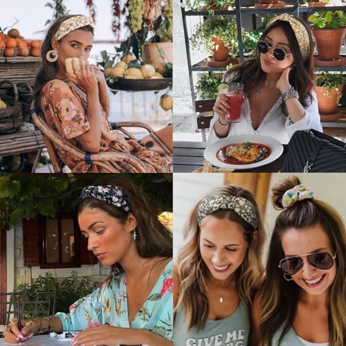 Huachi Headbands for Women and Girls, 4 Packs Fashion Flower Printed Knotted Head Bands for Women’ s Hair, Non Slip Boho W...