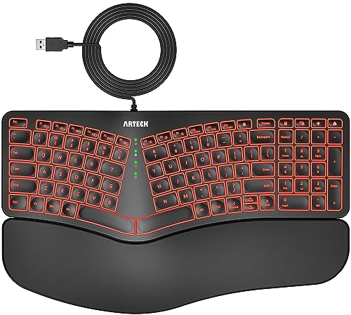 Arteck Ergonomic USB Wired Keyboard with Cushioned Wrist & Palm Rest, Backlit 7 Colors & Adjustable Brightness Comfortable...
