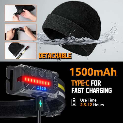 EGUKU Rechargeable Headlamp Beanie, 1200Lumens Bright Beanie with Light, 260°Wide Beam Unisex Hat Headlamp 14 Modes, Motio...