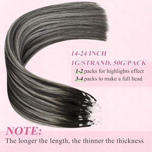 YoungSee Micro Loop Hair Extensions Real Human Hair Ombre Microlink Hair Extensions Balayage Black with Silver Bead Hair Extension Human Hair Straight 24 Inch 50g 50s