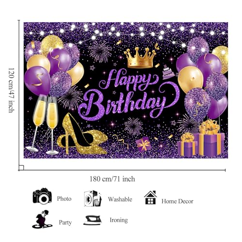 YinQin 180x120 cm Glitter Black Purple Golden Happy Birthday Party Photo Backgrounds Backdrops Cloth 71x47 inch Purple Gol...