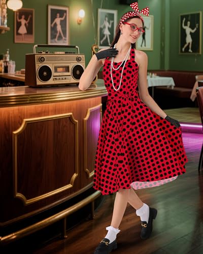 Women's 1950s Polka Dress Set Audrey Vintage-Inspired Cocktail Halter Swing Dress with Accessories 10PCS
