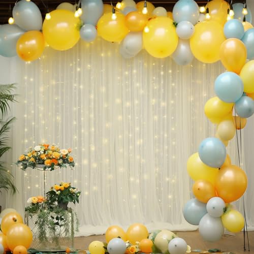 10ft x 10ft Ivory Backdrop Curtain with Lights String for Parties, Sheer Tulle Wedding Photo Backdrops Drapes for Baby Sho...