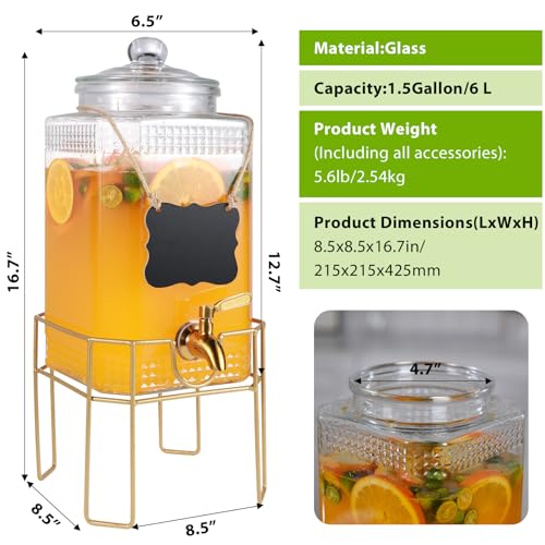Drink Dispensers for Parties,1.5 Gallon Drink Dispenser,Beverage Dispenser with Stand,Glass Lid and Stainless Steel Spigot...