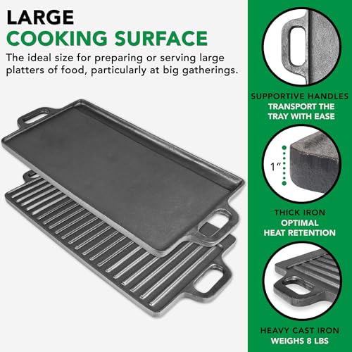 ProSource 2-in-1 Reversible 19.5” x 9” Cast Iron Griddle with Handles, Preseasoned & Non-Stick for Gas Stovetop, Oven and ...