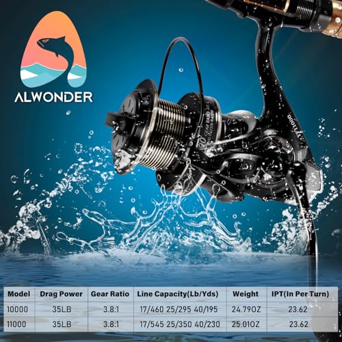 Alwonder Saltwater Spinning Reel 10000/11000 Surf Fishing Reel Graphite 13+1 Stainless Steel BBS 35LB Max Drag Heavy Duty ...