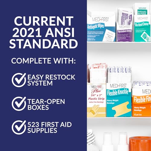 MFASCO 4 Shelf Commercial First Aid Kit, Type I & II, 2021 OSHA Approved,ANSI Z308.1-2021 Compliant, 528 pcs Latex-Free, W...