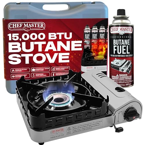 Chef Master 15,000 BTU Butane Portable Camp Stove | Double Wind-Guard Portable Stove Burner w/Piezo Click Ignition for Eme...
