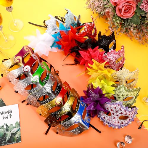 Sratte Mardi Gras Couple Masquerade Mask with Feather Flower Unisex Half Face Mask for Mardi Gras Valentine Venetian Party