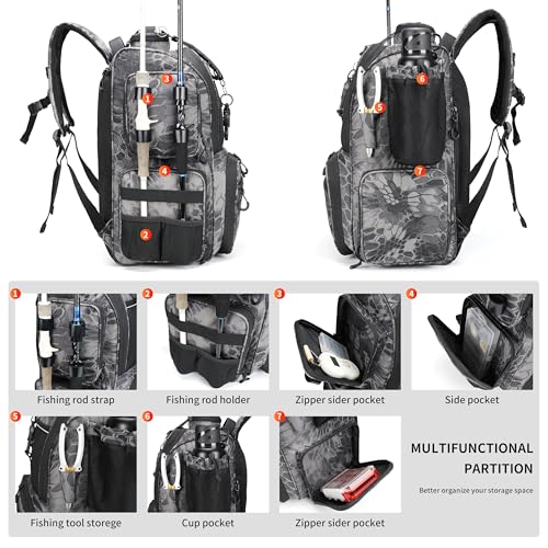 Rabjen Fishing Tackle Backpack with Rod Holders, Bottle Holder, Storage Bag Store Fishing Gear