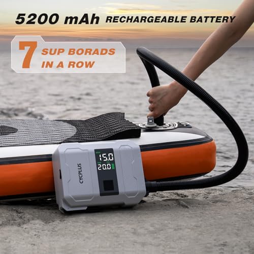 CYCPLUS 20PSI Rechargeable Paddleboard Pump - Intelligent Fast Dual-Stage Inflation, Deflation Function, Auto-Off &Dual LE...