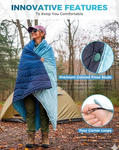 KingCamp Ultralight Camping Blanket, Packable Down Alternative Puffy Printed Wearable Blanket with Snap Buttons & Corner L...