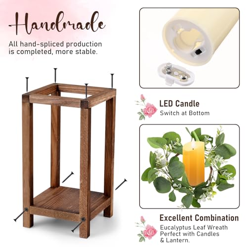 Geelin 12 Set 10.59'' Brown Wooden Lanterns for Centerpieces Include 12 Wooden Lantern 12 LED Candle 12 Eucalyptus Leaves ...