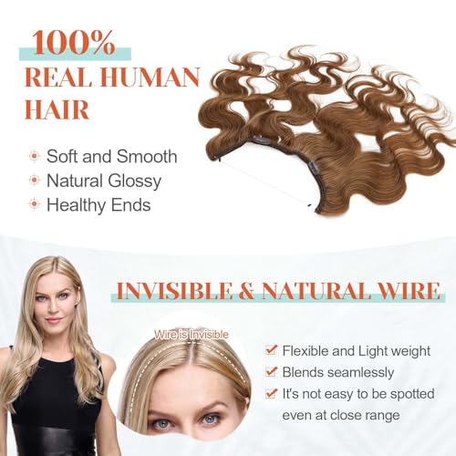 Benehair Halo Hair Extensions Real Human Hair, Brown Halo Hair Extension 100% Human Hair, Wavy Halo Extensions Human Hair, Curly Halo Extensions, Wire Hair Extension, Light Brown 65g/18inch