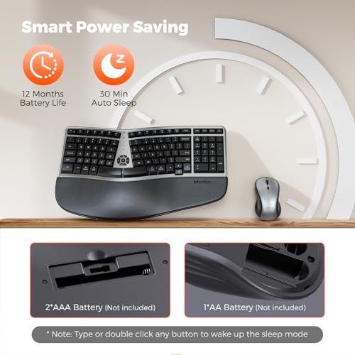 MEETION Ergonomic Wireless Keyboard and Mouse Combo, 2.4G Curved Compact Keyboard with Cushioned Palm Rest, 4 Level DPI Ad...