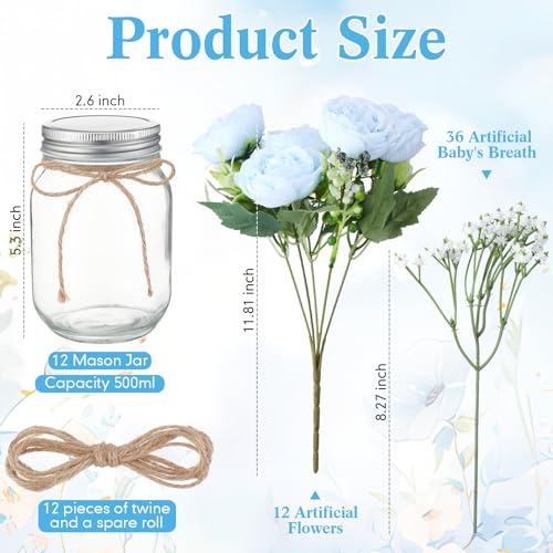 Zeyune 12 Sets Mason Jar Centerpiece Table Decorations, Artificial Peony Baby's Breath Flower Bouquets, Faux Flowers with ...