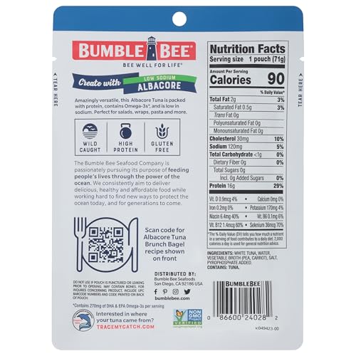 Bumble Bee Low Sodium Chunk White Albacore Tuna in Water, 2.5 oz Pouches (Pack of 12) - Ready to Eat Wild Caught Tuna Pack...