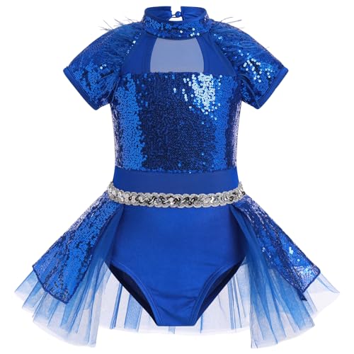 ODASDO Girls Shiny Sequins Ballet Dance Leotard Short Sleeve Feather Tutu Dress Hip Hop Latin Jazz Stage Performance Outfit