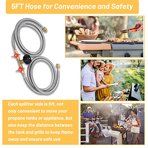 Propane Y Splitter Hose 2 Way Stainless Steel Braided Y Splitter CGA Propane Tank Converter Adapter Hose 5 FT Propane Hose...