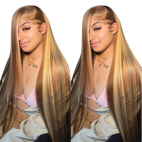 Cypha Ombre Lace Front Wig Human Hair Highlight 13x6 HD Straight Lace Front Wigs 180% Density 4/27 Colored Honey Blonde HD Lace Frontal Wigs For Women Glueless Pre Plucked with Baby Hair 22inch