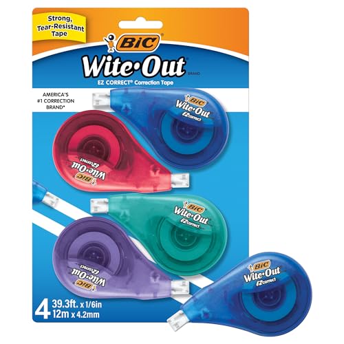 BIC Wite-Out Brand EZ Correct Correction Tape, 19.8 Feet, 4-Count Pack of White Correction Tape, Fast, Clean and Easy to U...