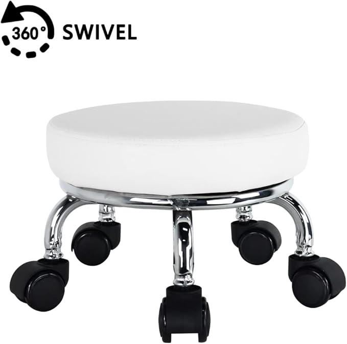 WKWKER Modern Roller Seat PU Leather Low Round Rolling Stool 360° Swivel Small Seat with Universal Wheels Foot Stool for Home Office Garage Shop Fitness Sport H：8.6" （White）