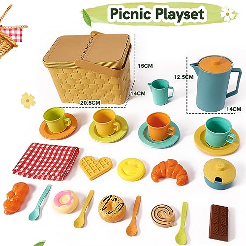 HERSITY Picnic Basket Toys for Toddlers, Kids Play Tea Sets with Teapot Tea Cup Dessert Food and Mat, Pretend Play Kitchen...