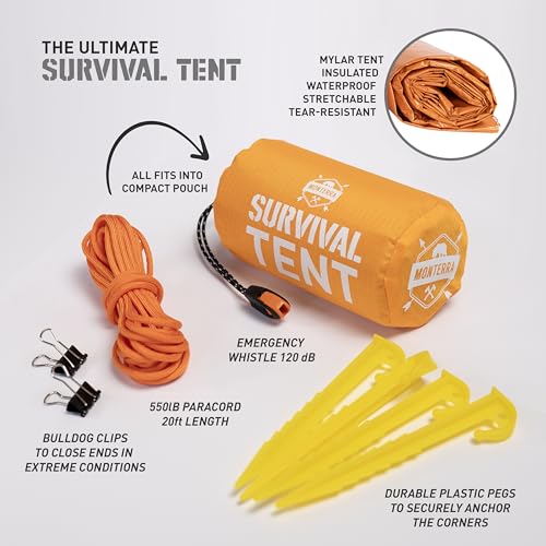 Monterra Emergency Tent, 2 Person Survival Shelter, Thermal Mylar, Waterproof, Outdoor Camping Gear and Equipment, Surviva...