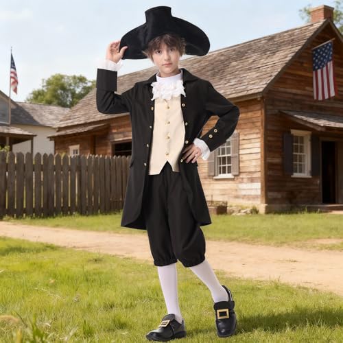 aicoaub Kids Colonial Costume Boys 18th Century America Cosplay Costume with Hat 4-17