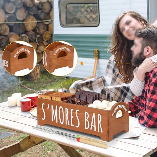 Smores Kit, S'Mores Station with 5 Extendable Marshmallow Roasting Sticks, Farmhouse Smores Caddy with Handles, Wood Smore...