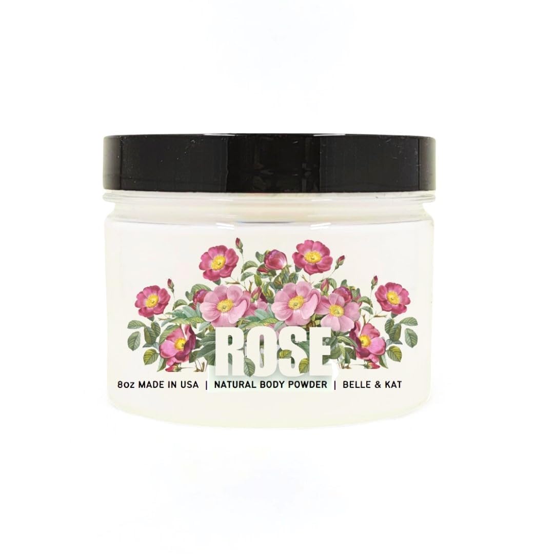 Rose Scented Body Powder for Men & Women, Bath Perfume Dusting Powder with Fragrance & Essential Oils, Talc Free 8oz Container, Made in USA