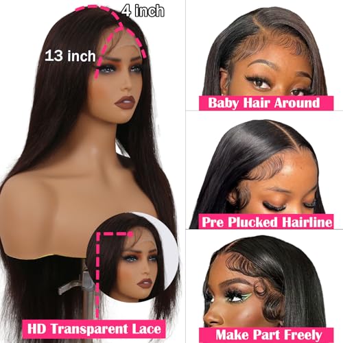 13X4 Straight Lace Front Wig Human Hair 18 Inch - 180% Density Pre Plucked with Baby Hair, Natural Dark Brown Glueless Layered Wig for Black Women