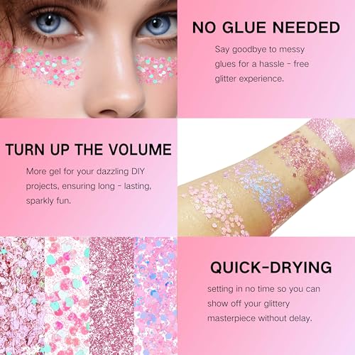 Paminify Pink Face Hair Glitter Gel,10g/pc Body Glitter Mermaid Costume,Singer Concert Outfit for Women,Sparkling Glitter ...